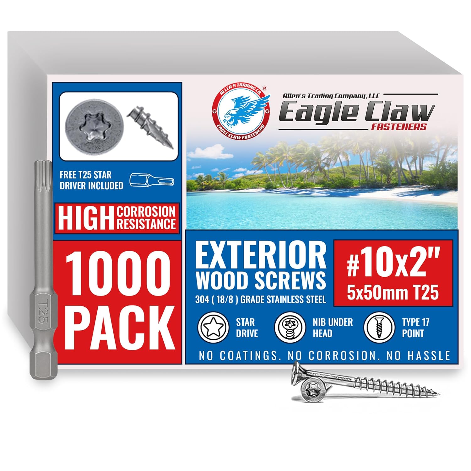 Box of Eagle Claw exterior wood screws with a scenic label