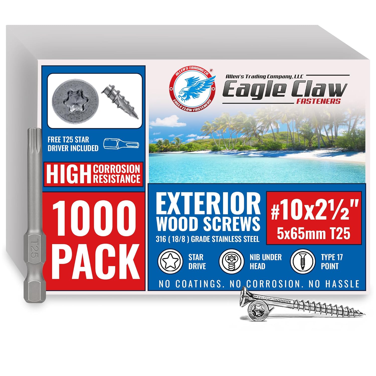 Box of Eagle Claw exterior wood screws with a screw displayed in front