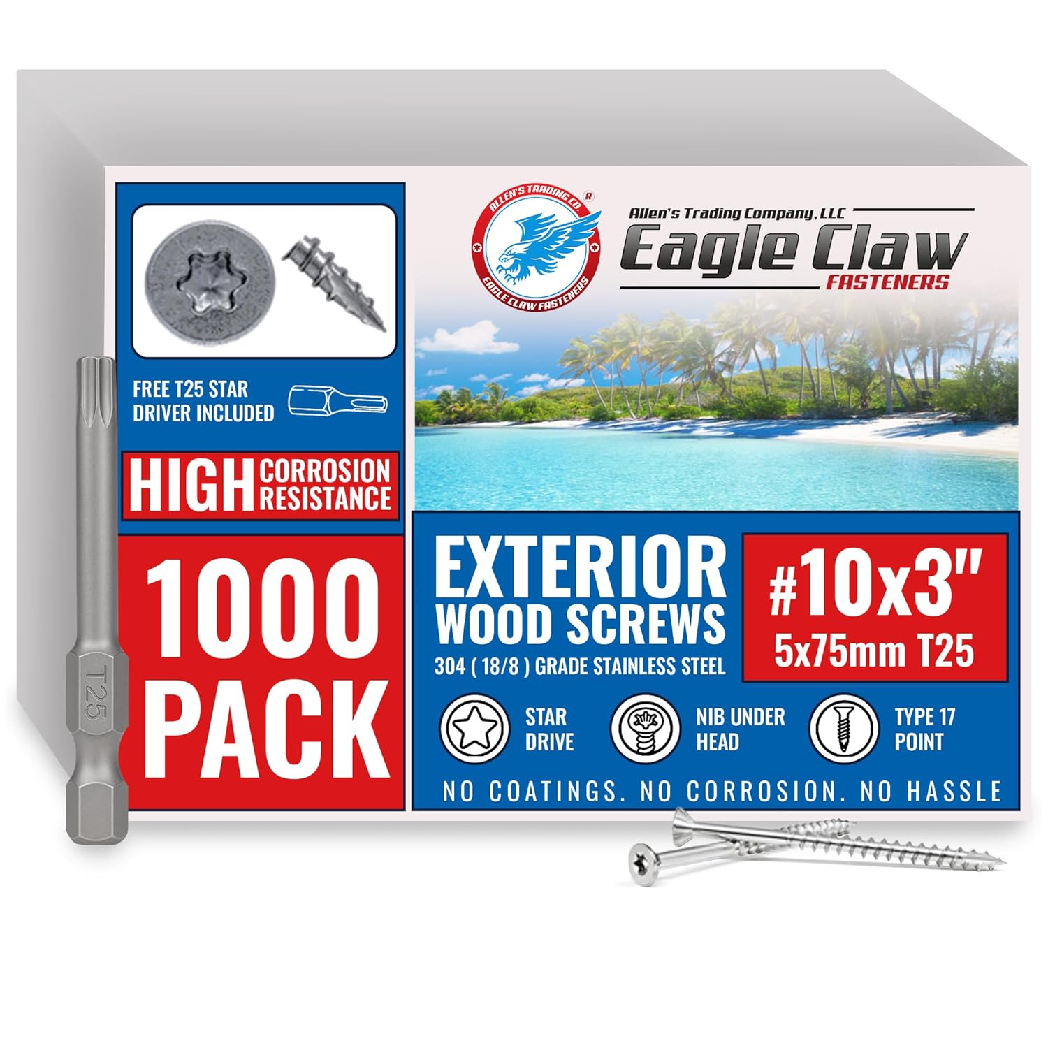 Box of Eagle Claw exterior wood screws with product details on a white background