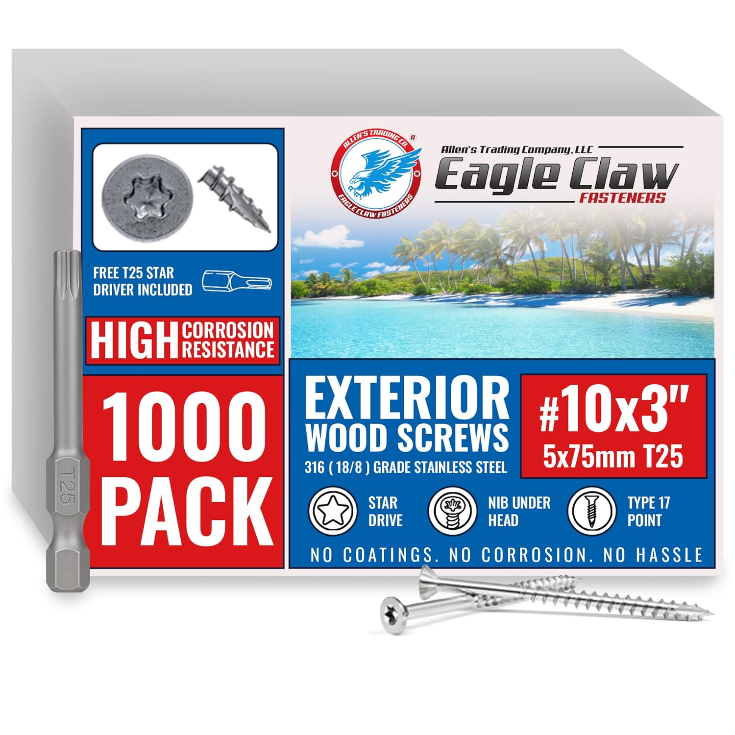 Box of Eagle Claw exterior wood screws with a scenic label