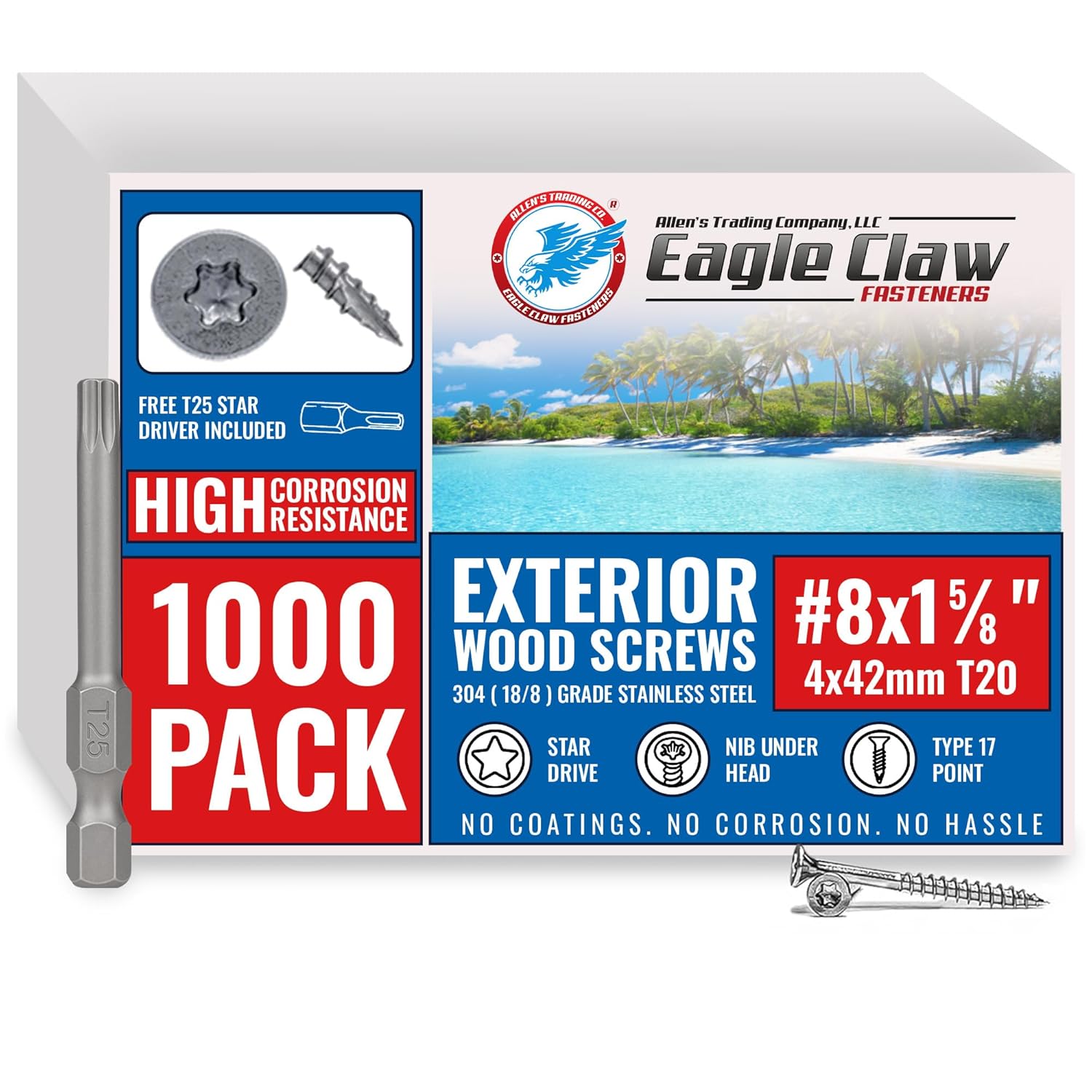 Eagle Claw exterior wood screws packaging with product details on a white background