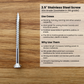 2.5 inch stainless steel screw on a wooden surface with descriptive text about its use cases and features.