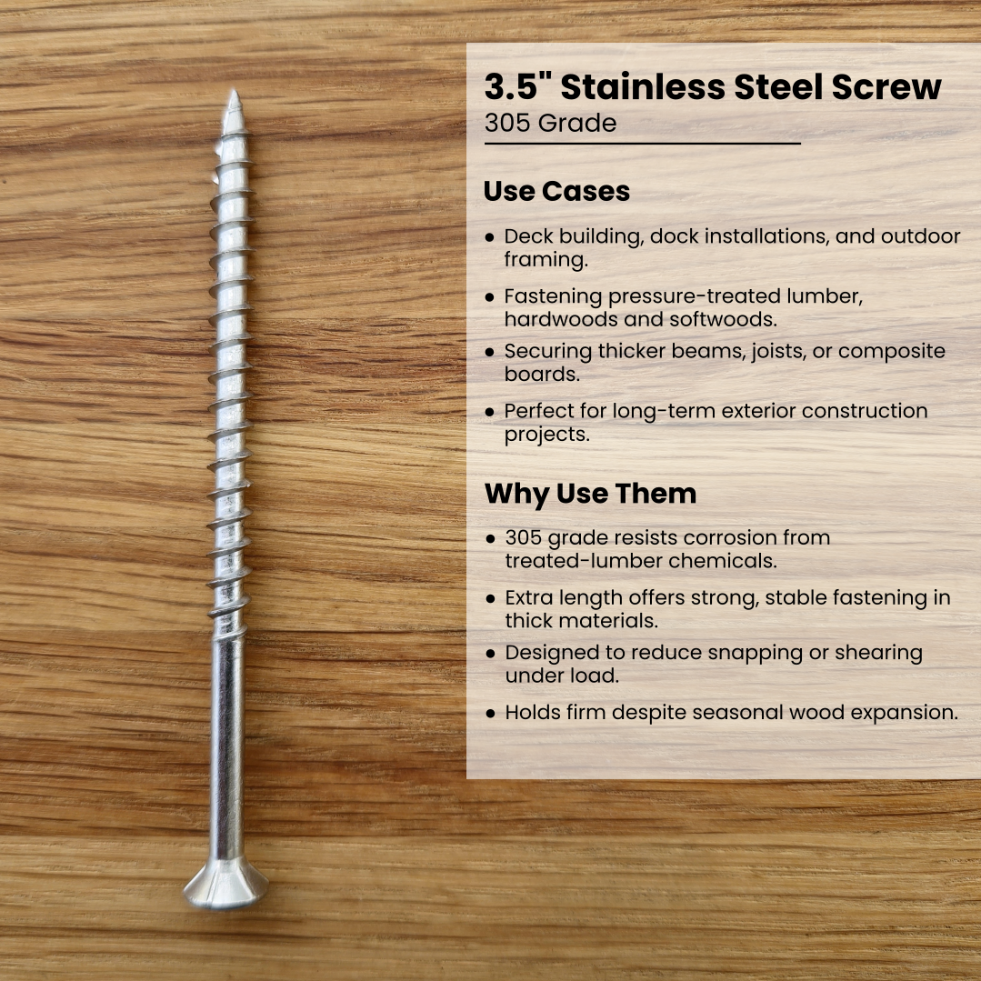 3.5 inch stainless steel screw on a wooden surface with descriptive text about its use cases and features.