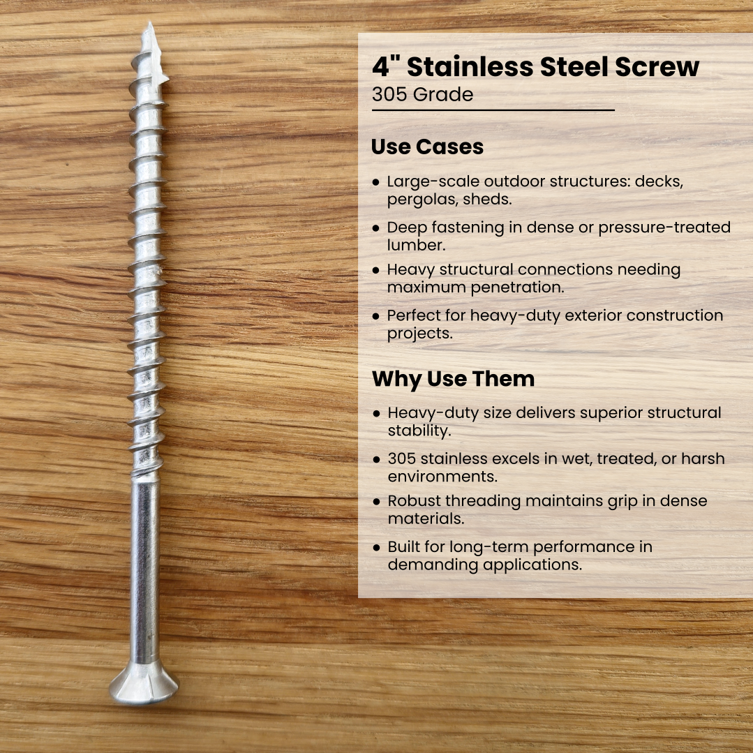 4 inch stainless steel screw on a wooden surface with descriptive text about its use cases and features.
